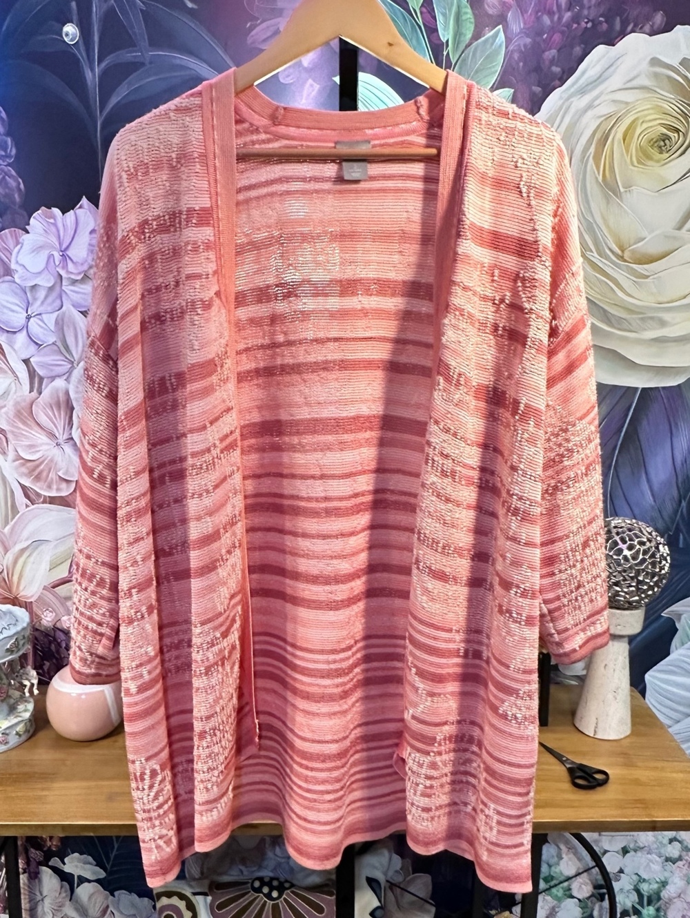 Chico's 2 Large Cardigan Pink Striped Jacquard Knit Open Front Sweater
